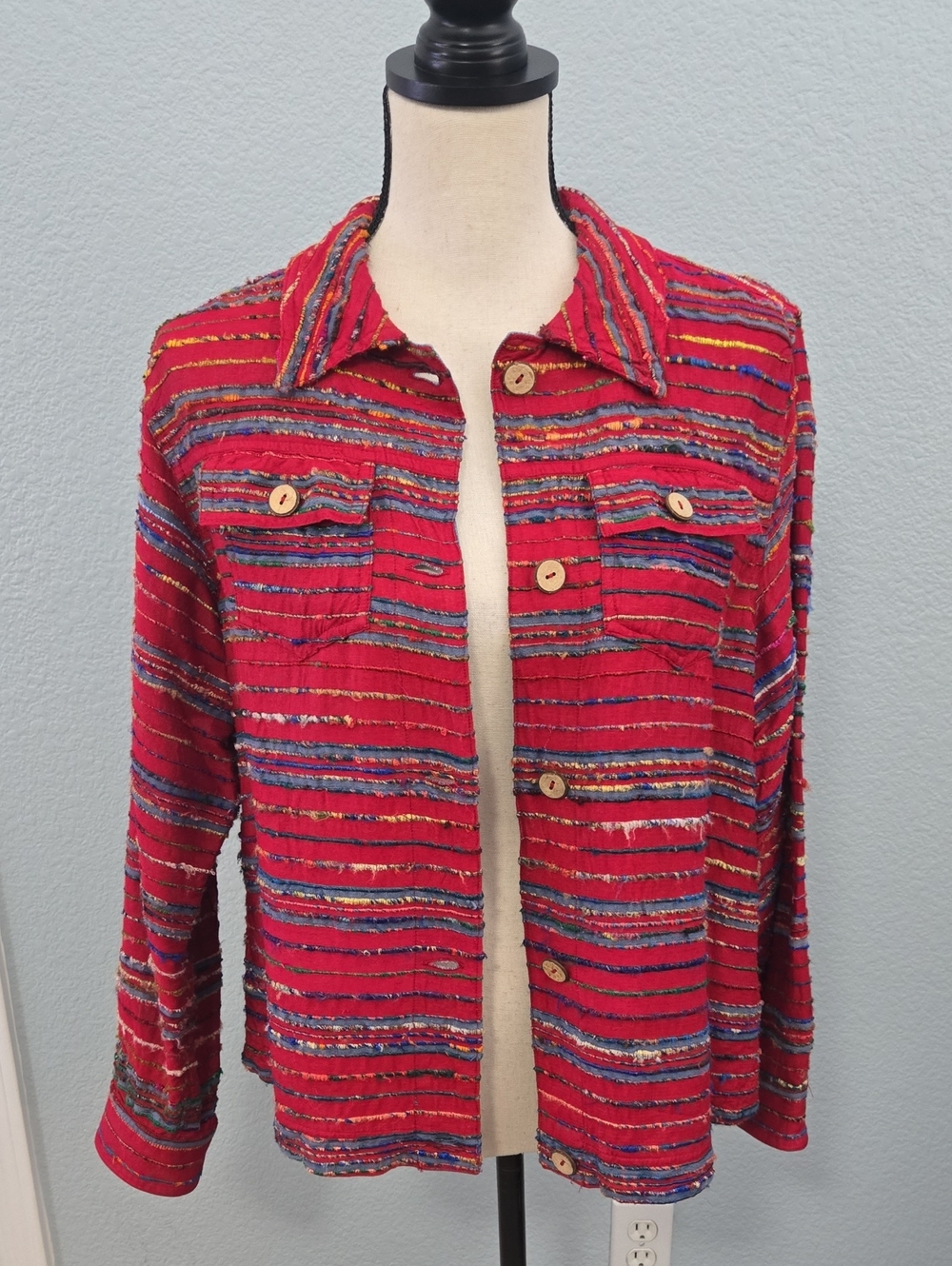 Coldwater Creek Jacket Red Striped Button Down Long Sleeve Sz Petite Large